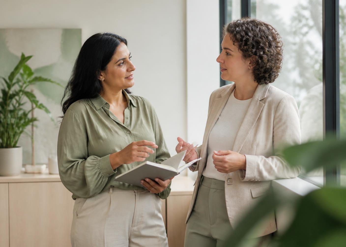 Two care organisation managers discussing governance planning beside an office window