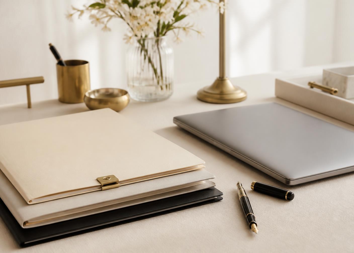 Organised desk with neatly stacked compliance folders, a pen and a closed laptop