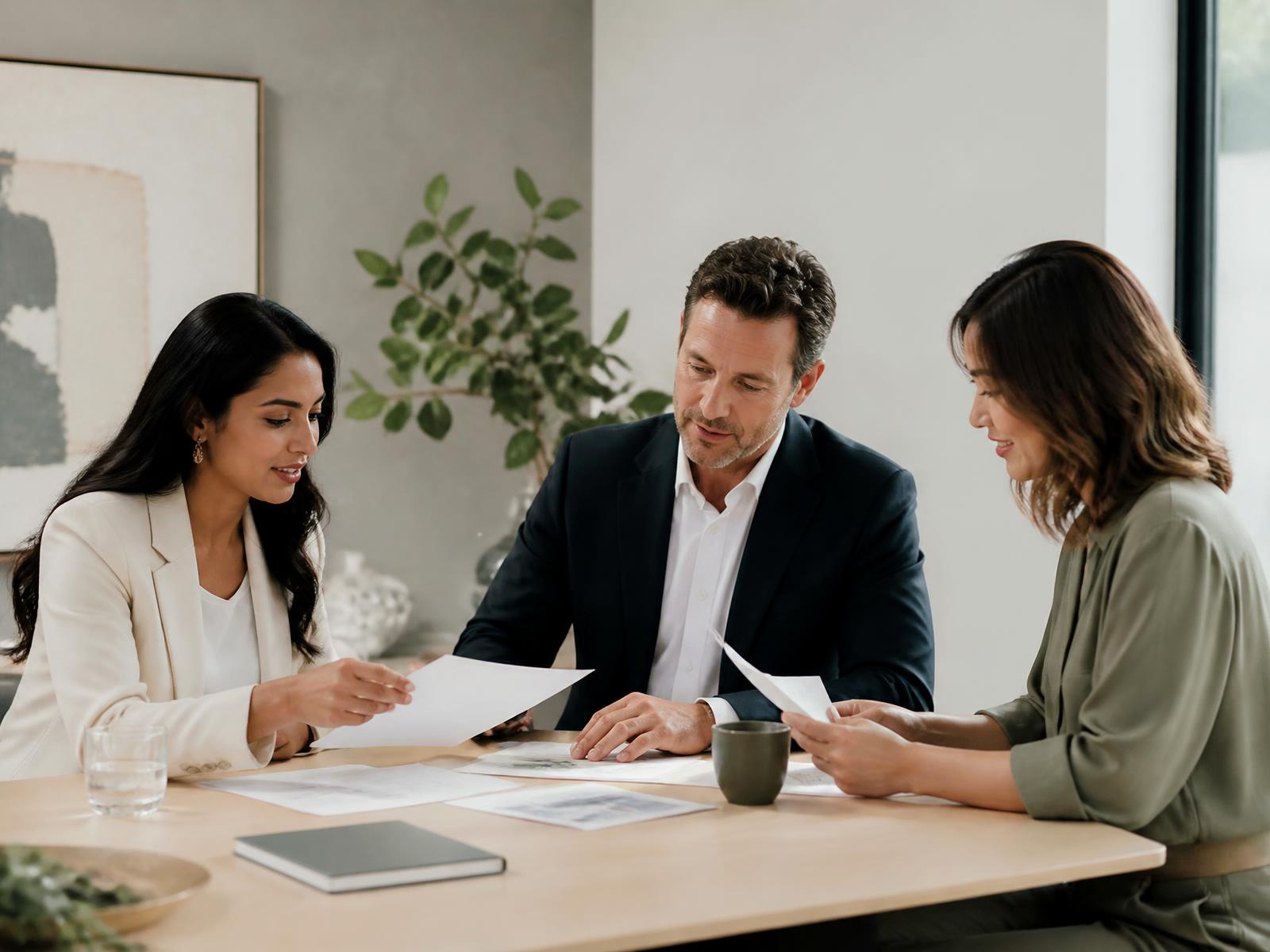 Three care organisation managers reviewing governance documents together in a calm meeting room